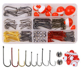 Portable tackle box opened showing the 215-piece beginner fishing kit